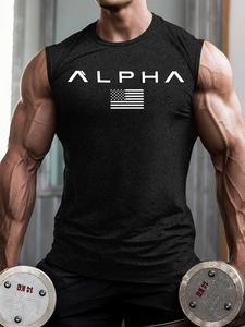 Close-up of muscular fit training tank top with Alpha print in gym setting