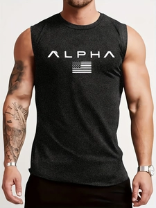 Close-up of Alpha print and flag design on dark grey men's fitness muscle tank top