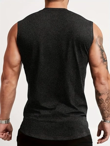 Close-up back view of black cotton gym vest showing fine fabric texture and muscle fit