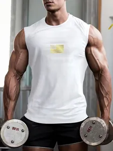 Close-up of white muscle fit tank top featuring golden ALPHA print during gym training