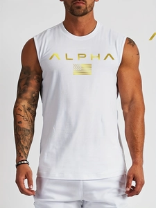Detailed view of the Alpha gold logo printed on a white cotton gym tank top for men