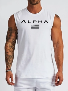 Close-up of white cotton gym vest featuring black ALPHA logo and flag print on chest