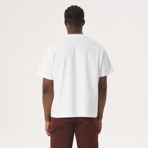 T-shirt da uomo bianca in cotone pesante vestibilità boxy con spalle scese vista retro