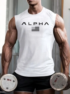 Close-up of cotton gym tank top fabric showing ALPHA print on an athletic model