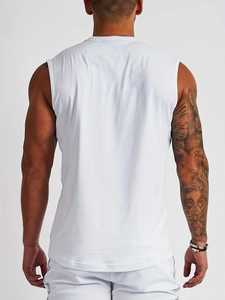 Rear view of men's white athletic tank top and shorts set in high-elasticity fabric