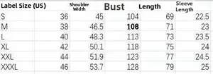 Detailed size chart for men polo shirt set showing US sizes S to 3XL with measurements