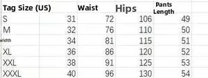 Size chart for men's casual polo set shorts showing waist hip and length in centimeters