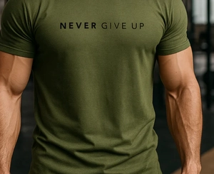 Détail du t-shirt de sport slim en coton vert armée avec slogan Never Give Up