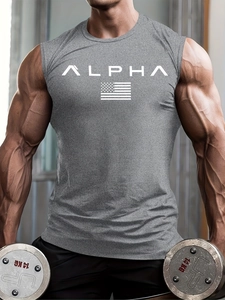 Close-up of gray cotton muscle tank top with ALPHA logo and American flag detail