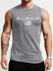 Detail of gray cotton muscle tank top with white ALPHA chest print and heathered texture