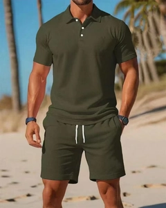 Detail of army green men's summer polo shirt and matching drawstring casual shorts set