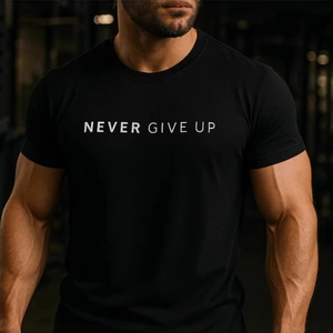 T-Shirt de Fitness Sportif pour Hommes en 100% Coton Avec Imprimé Never Give Up Col Rond Manches Courtes Coupe Slim Gym Top