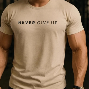 T-shirt de sport pour hommes en coton kaki avec imprimé Never Give Up ajusté