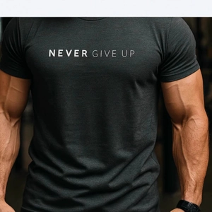 T-shirt de sport en coton pour hommes gris anthracite avec slogan Never Give Up blanc