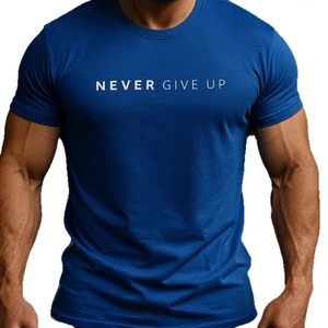 T-shirt bleu en coton pour homme avec slogan Never Give Up pour fitness et sport