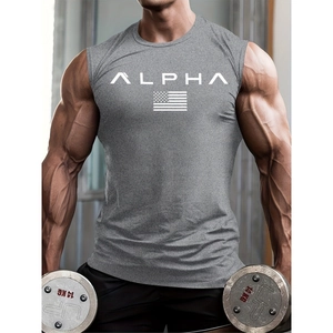 Men's grey cotton gym tank top with Alpha print and flag in a modern fitness gym setting