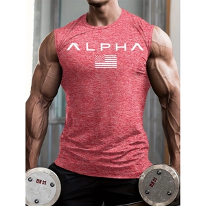 Men's red heathered cotton gym tank top with Alpha print and US flag, muscular fit style
