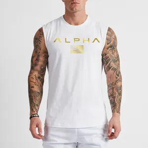Men's white cotton muscle tank top with gold Alpha print for gym and running