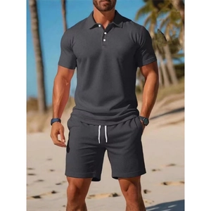 Men's dark grey slim fit short sleeve polo shirt and drawstring shorts summer set