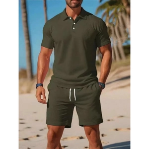 Men's olive green slim fit polo shirt and drawstring shorts set for summer beachwear