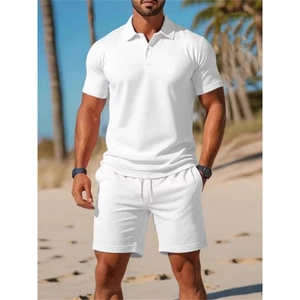 Men's summer white polo shirt and drawstring shorts set for casual beach vacations