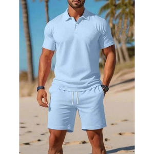 Men's summer casual polo shirt and shorts set in light blue with waffle texture