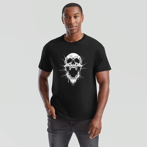 Gros plan sur l'imprimé graphique tête de mort blanche sur t-shirt noir en coton col rond