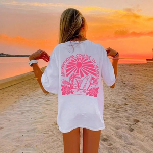 Everything Comes In Waves Grafik Bedrucktes Baumwoll T-Shirt Lässig Rundhals Kurzarm Top Für Damen Herren Sommer Freizeitkleidung