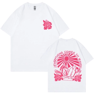 Weißes Baumwoll-T-Shirt mit rosa Hawaii-Wellen-Rückenprint und Hibiskus-Detail