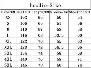 Tableau des tailles détaillé pour sweat à capuche avec mesures allant du XS au 5XL