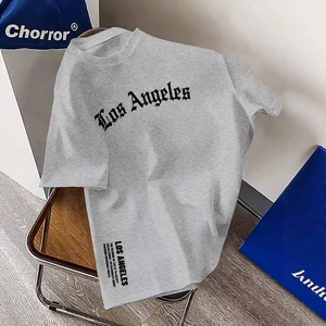 Herren T-Shirt aus hellgrauer Baumwolle mit schwarzem Los Angeles Aufdruck und Rundhals
