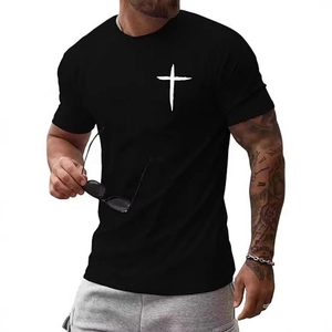 Schwarzes Herren-T-Shirt mit Rundhalsausschnitt und weißem gotischem Kreuz-Print auf der Brust