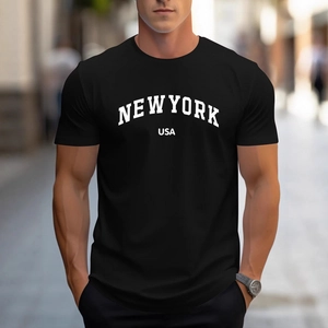T-Shirt Manches Courtes Homme Pur Coton Respirant Streetwear New York USA Imprimé Lettres Col Rond Haut Décontracté Pour Jeunes