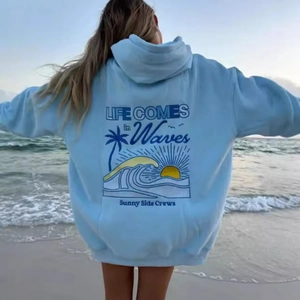 Sweat à Capuche Oversized Épaules Tombantes Imprimé Vague Soleil Pull Manches Longues Thème Plage Décontracté Femme Homme
