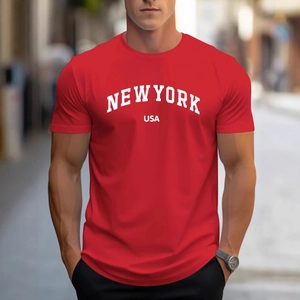 T-shirt rouge pour hommes avec imprimé New York USA et col rond de style urbain moderne