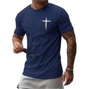 Heren navy blauw T-shirt met korte mouwen en gotische kruisprint op de borst