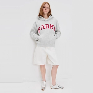 Women's grey hoodie featuring red PARKE lettering with drop shoulders and front pocket