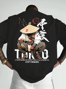 Detailed view of Japanese samurai graphic print on a black oversized cotton t-shirt