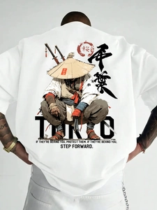 Detail of white cotton T-shirt featuring a Japanese samurai and Tokyo streetwear print