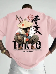 Pink cotton T-shirt featuring a detailed Japanese samurai back print and Tokyo typography