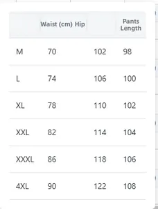 Size guide table for men's linen wide leg trousers showing waist and length from M to 4XL