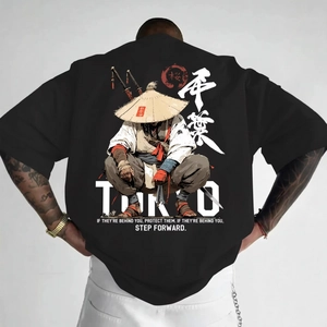 Men's Cotton T-Shirt Japanese Samurai Graphic Tokyo Print Short Sleeve Round Neck Loose Fit Streetwear Hip-Hop Fashion Top