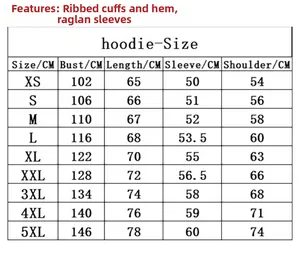 Detaillierte Größentabelle für Oversize-Kapuzenpullover von XS bis 5XL mit Maßen in cm