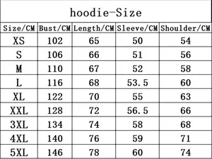 Size chart for printed fleece hoodies showing measurements from XS to 5XL in centimeters