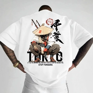 Oversized white cotton T-shirt featuring a Japanese samurai and cherry blossom graphic print