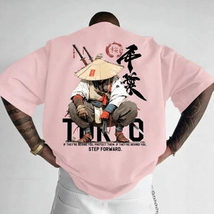 Pink heavy cotton t-shirt with Japanese samurai graphic and black TOKYO text on back