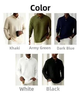 Detail view of long sleeve polo shirt showing waffle knit texture and five color options