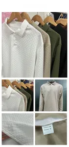 Detailed views of V-pattern waffle knit long sleeve Polo shirts with three-button collar