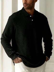 Classic men's black long sleeve polo shirt with textured knit and white contrast buttons