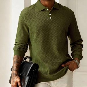 Detail of olive green long-sleeve polo shirt featuring a textured herringbone knit pattern